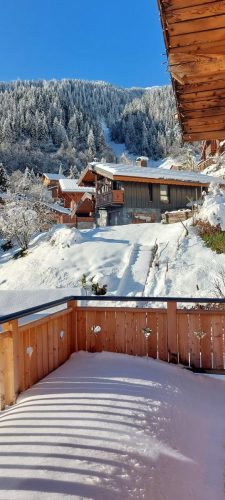 Un jour de neige, piste de ski en arrière plan